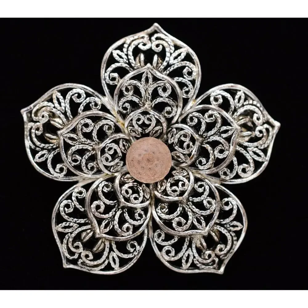 Monet Vintage Pin Brooch Silver Filigree Pink Crystal Flower Shiny Signed Bin5B